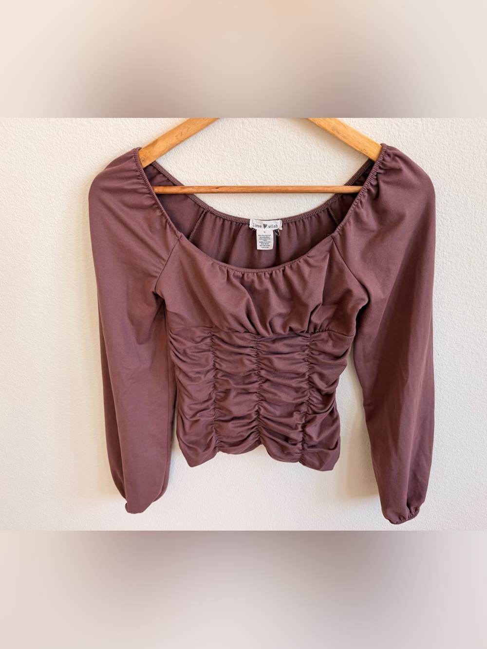 Ruched Long-Sleeve Scoop Neck Top in Dusky Mauve